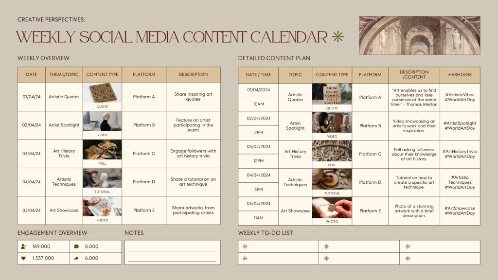 Weekly social media content calendar